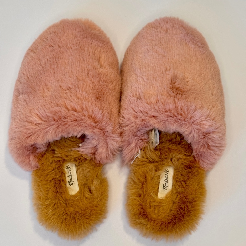 Madewell Pink Plush Faux Fur Slip-Ons